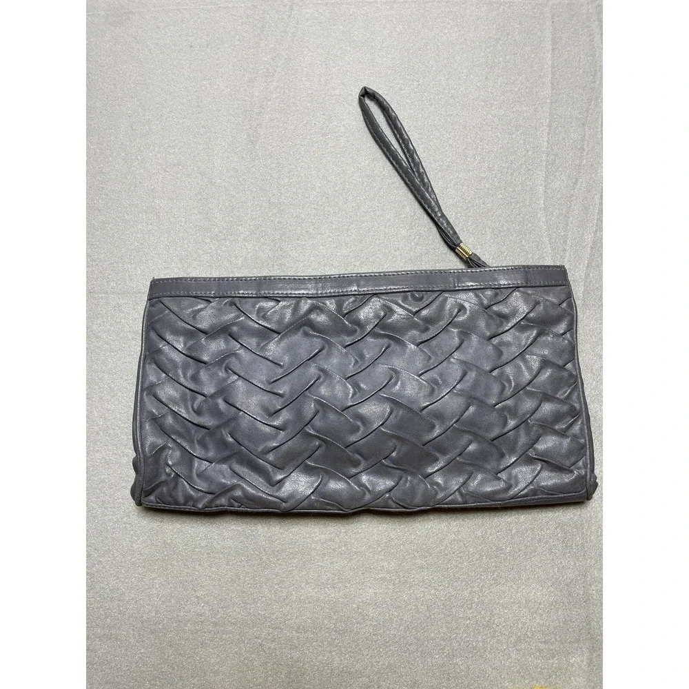 Vintage Womens Handbag Gray Faux Leather Clutch Quilted Zipper Big Rock Glam 80s